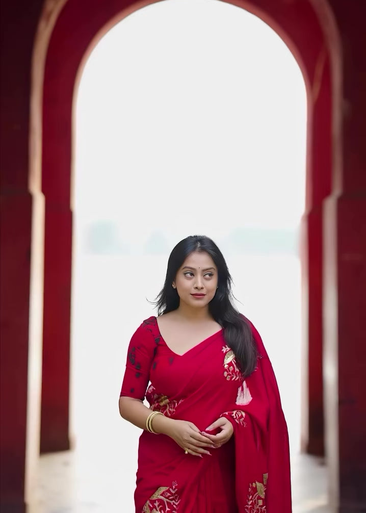 Black red embroidery saree.