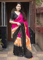 Tricolour hand-block printed saree