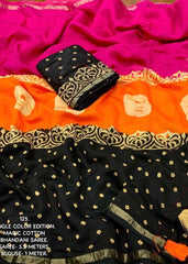 Tricolour hand-block printed saree