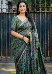 Olive green ajrakh saree.