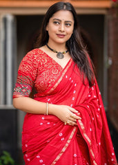 Sindoor red ajrakh leheriya saree.
