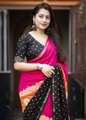 Tricolour hand-block printed saree