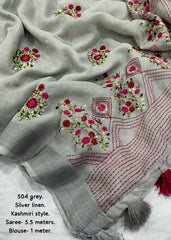 Kashmiri style linen embroidery saree.