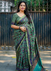 Olive green ajrakh saree.