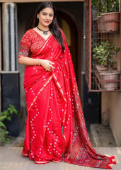 Sindoor red ajrakh leheriya saree.