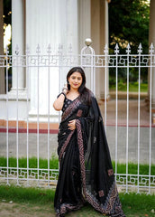 Black ajrakh handwork saree.