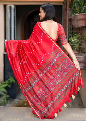 Sindoor red ajrakh leheriya saree.