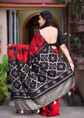 Red & black tye-dye shibori saree.