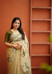 Beige organza embroidery saree.