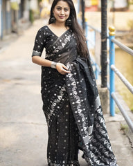 BLACK IKKAT STYLE WOVEN SAREE.