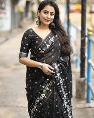 BLACK IKKAT STYLE WOVEN SAREE.