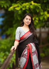 Madhubani style back printed saree.