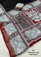 Madhubani style back printed saree.