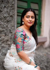 Paper crush white embroidery saree.