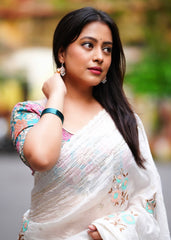Paper crush white embroidery saree.