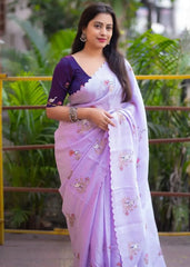 Lilac Kota bird embroidery saree.