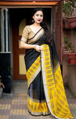 Black printed linen saree