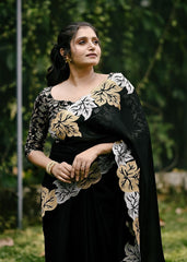 Black leaf chiffon emboridary saree.