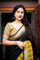 Black printed linen saree