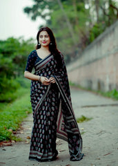 Black ajrakh cotton saree.