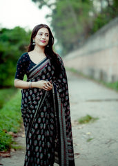 Black ajrakh cotton saree.