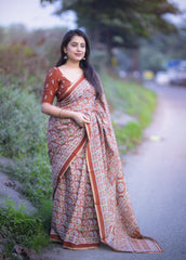 Rust ajrakh printed saree.