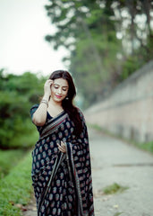 Black ajrakh cotton saree.