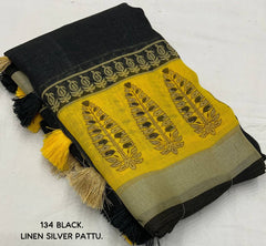 Black printed linen saree