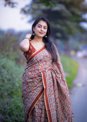 Rust ajrakh printed saree.