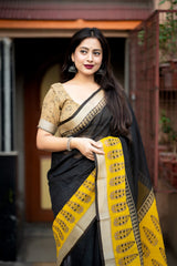 Black printed linen saree